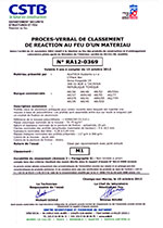 Протокол испытаний и свидетельство о классификации на пожарную безопасность (CSTB, Франция)